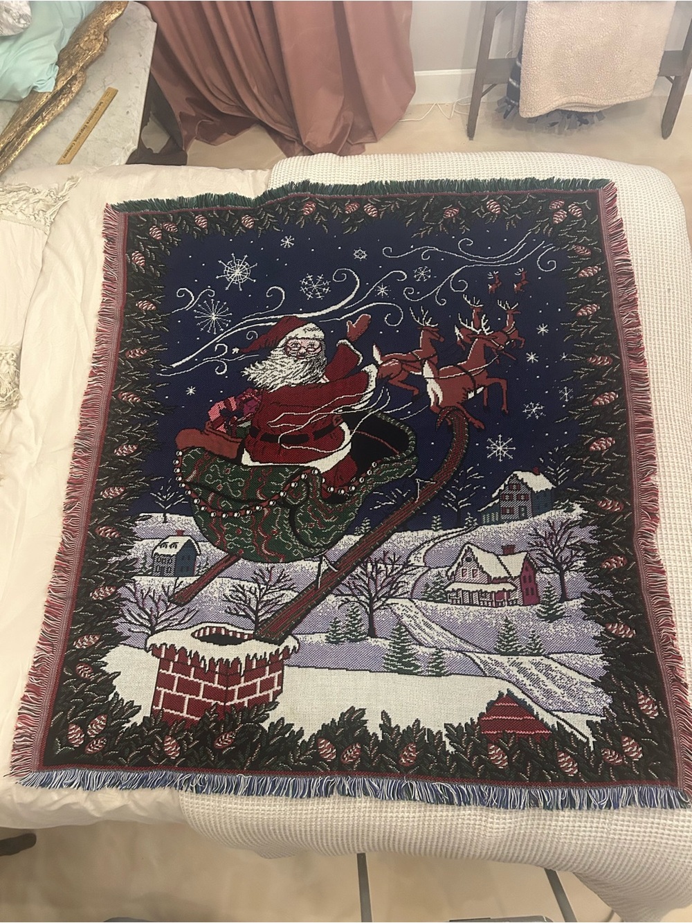 Tapestry Santa Sleigh Holiday Throw Blanket - Navy and Red